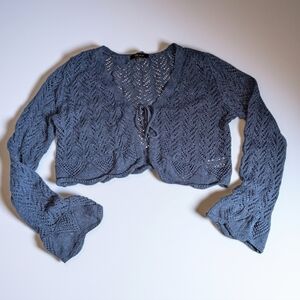 Frye Navy Open Knit Tie Front Cropped Sweater Cardigan L